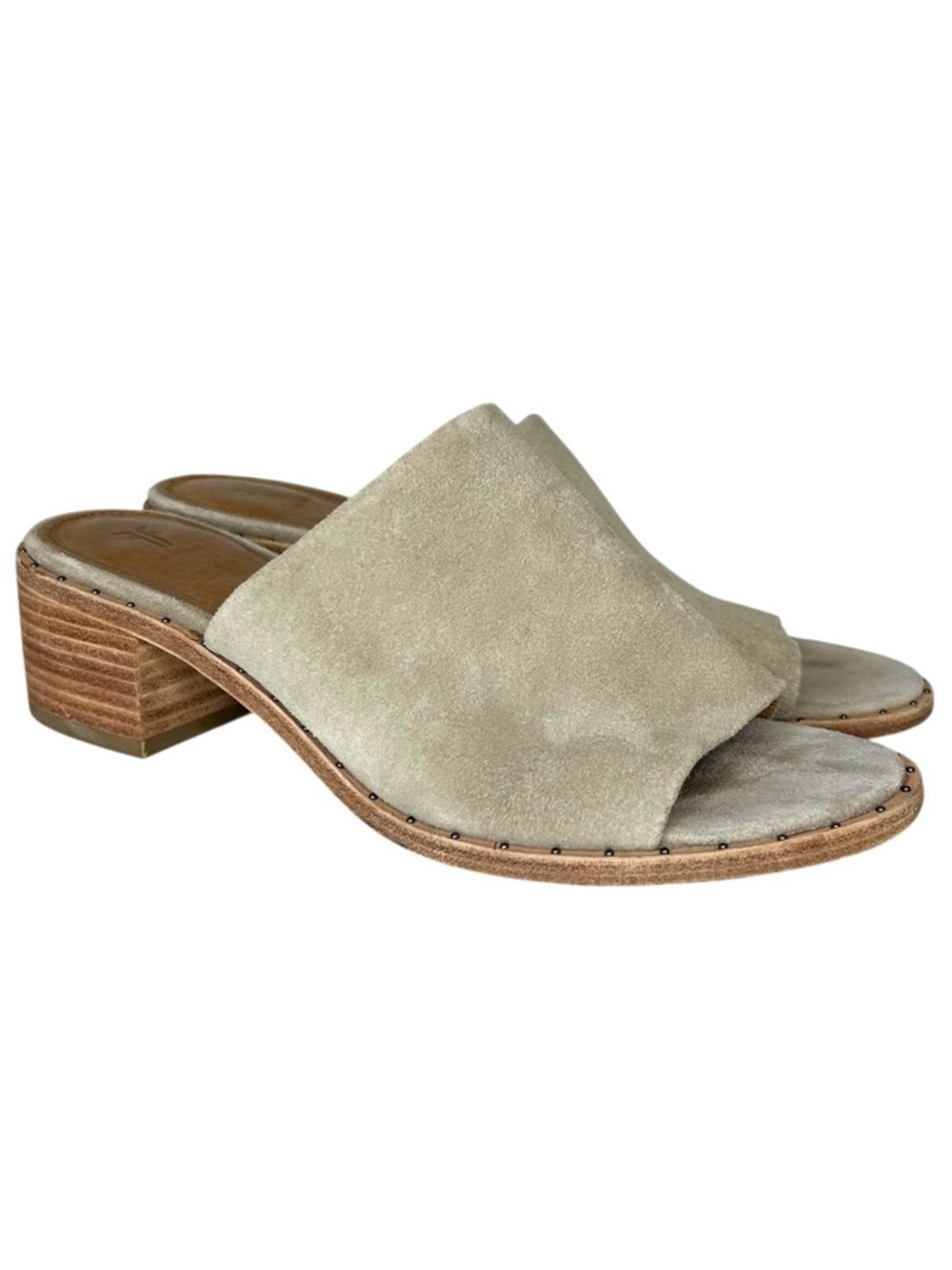 FRYE Womens‎ Size 7 Cindy Cement Gray Suede Mule Peep Toe Heeled Sandals.